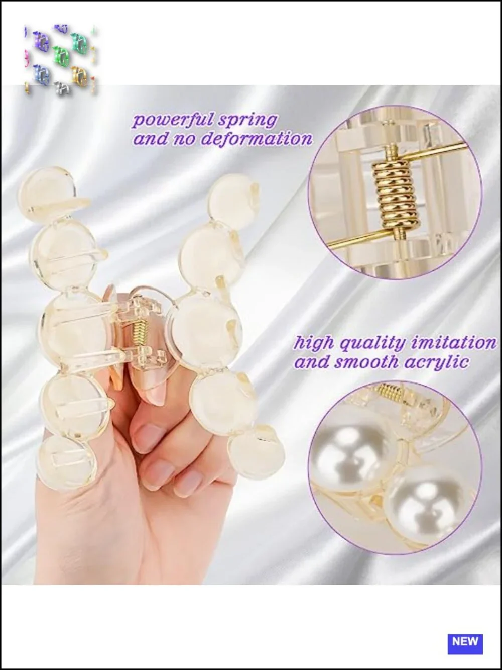 6 Large Pearl Hair Claw Clips for Thick, Curly or Long Hair, Non-Slip Jaw Clips